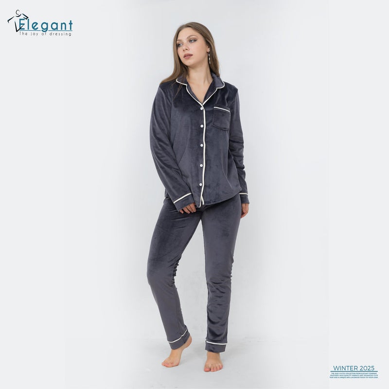 Elegant Velvet Classic Pyjama - Dark Grey - Image 2
